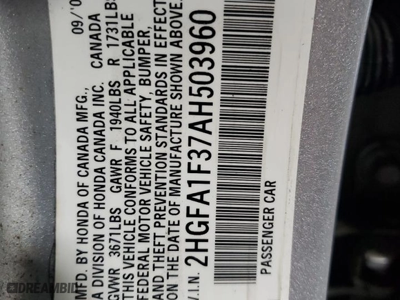 2010 Honda Civic Sdn DX-VP with VIN 2HGFA1F37AH503960, listed as a Copart auction lot 51849265 with 84,023 mi miles and Salvage Title. Bid and sale history available at carsss.com. Image 15.