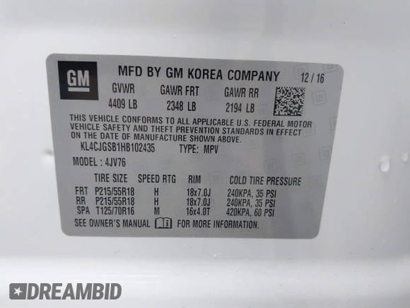 2017 Buick Encore Essence with VIN KL4CJGSB1HB102435, listed as a IAAI auction lot 41660633 with 88,249 mi miles and . Bid and sale history available at DreamBid. Image 9.