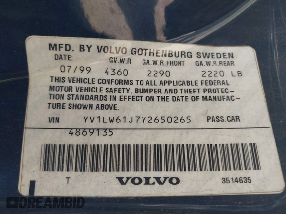 2000 Volvo V70 with VIN YV1LW61J7Y2650265, listed as a IAAI auction lot 42618821 with 234,931 mi miles and . Bid and sale history available at DreamBid. Image 9.