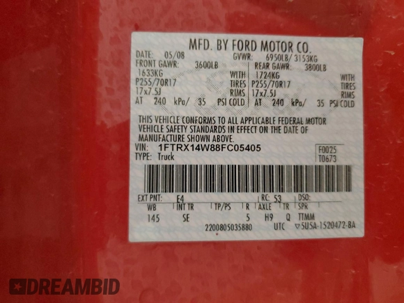 2008 Ford F-150 STX with VIN 1FTRX14W88FC05405, listed as a Copart auction lot 59258595 with 105,434 mi miles and Clean title. Bid and sale history available at DreamBid. Image 12.