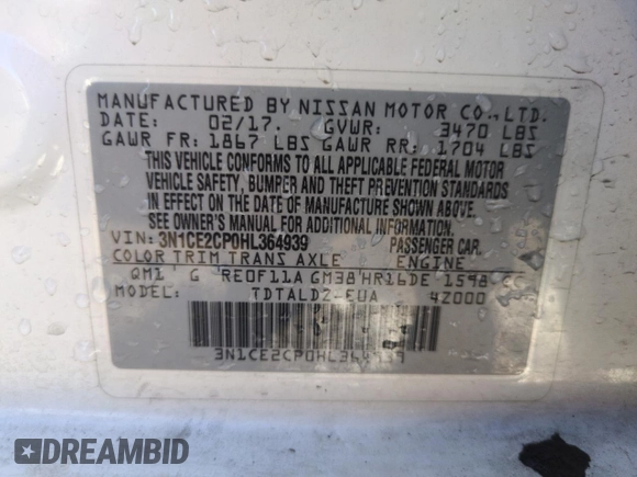 2017 Nissan Note SV with VIN 3N1CE2CP0HL364939, listed as a Copart auction lot 50360755 with 109,275 mi miles and Salvage Title. Bid and sale history available at DreamBid. Image 12.