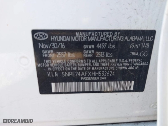 2017 Hyundai Sonata SE with VIN 5NPE24AFXHH532624, listed as a IAAI auction lot 41390936 with 117,254 mi miles. Bid and sale history available at carsss.com. Image 9.