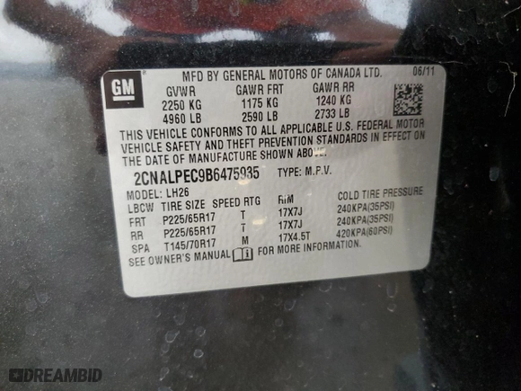 2011 Chevrolet Equinox LT w/2LT with VIN 2CNALPEC9B6475935, listed as a Copart auction lot 46810585 with 164,142 mi miles and Salvage Title. Bid and sale history available at carsss.com. Image 13.