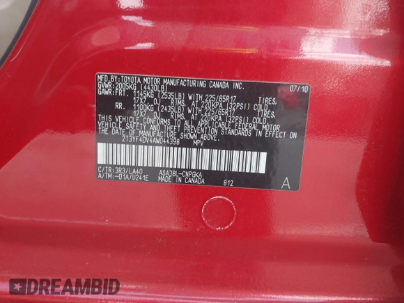 2010 Toyota RAV4 Limited with VIN 2T3YF4DV4AW044398, listed as a IAAI auction lot 42520284 with 148,812 mi miles and . Bid and sale history available at DreamBid. Image 9.