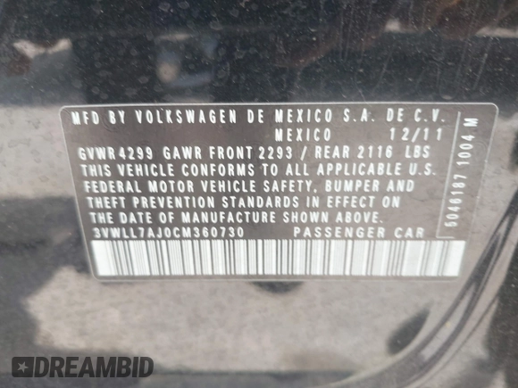 2012 Volkswagen Jetta TDI w/Premium with VIN 3VWLL7AJ0CM360730, listed as a IAAI auction lot 42029644 with 159,074 mi miles and . Bid and sale history available at DreamBid. Image 9.