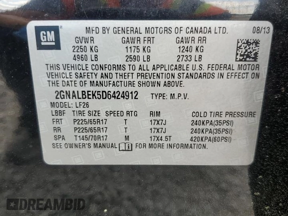 2013 Chevrolet Equinox LS z VIN 2GNALBEK5D6424912, wystawiony jako Copart lot #51798185 z przebiegiem 89 672 mil mil oraz Szkoda całkowita • Salvage title. Historia ofert i sprzedaży dostępna na DreamBid. Obrazek 12.