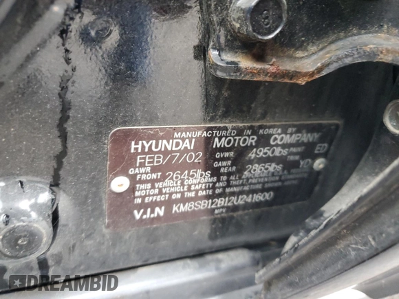 2002 Hyundai Santa Fe with VIN KM8SB12B12U241600, listed as a Copart auction lot 83525334 with 83,032 mi miles and Salvage Title. Bid and sale history available at carsss.com. Image 13.