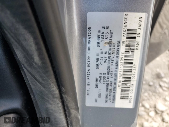 2012 Mazda 3 i Sport with VIN JM1BL1UF3C1520972, listed as a Copart auction lot 55215425 with 117,821 mi miles and Salvage Title. Bid and sale history available at DreamBid. Image 12.