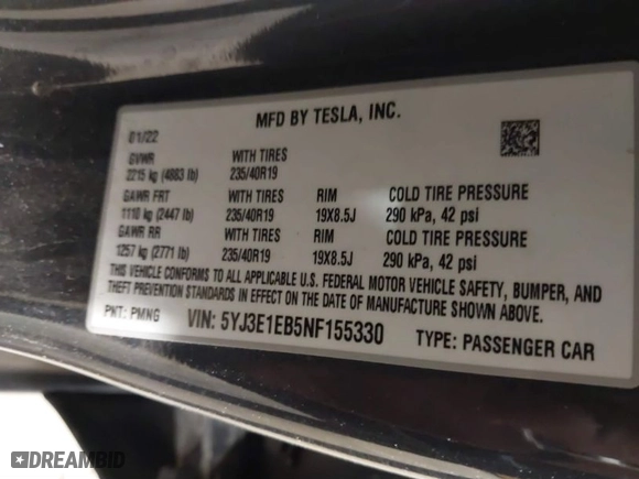2022 Tesla Model 3 Long Range with VIN 5YJ3E1EB5NF155330, listed as a IAAI auction lot 41713521 with NaN miles. Bid and sale history available at carsss.com. Image 9.