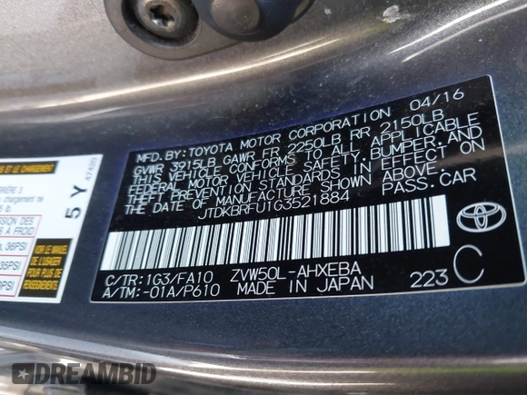 2016 Toyota Prius Two z VIN JTDKBRFU1G3521884, wystawiony jako IAAI lot #42081852 z przebiegiem 93 107 mil mil oraz . Historia ofert i sprzedaży dostępna na DreamBid. Obrazek 9.