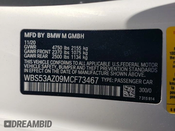 2021 BMW M4 with VIN WBS53AZ09MCF73467, listed as a Copart auction lot 72576704 with 15,437 mi miles and Salvage Title. Bid and sale history available at carsss.com. Image 14.