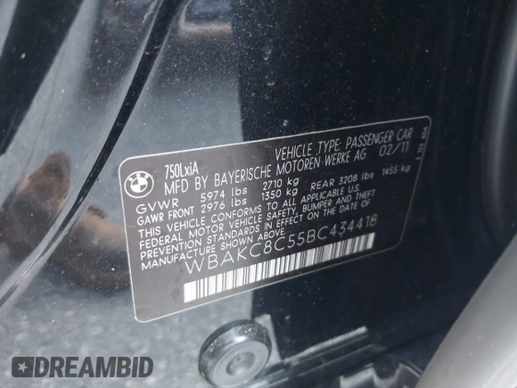 2011 BMW 7 Series 750Li xDrive with VIN WBAKC8C55BC434418, listed as a IAAI auction lot 42695385 with 93,427 mi miles and . Bid and sale history available at DreamBid. Image 9.