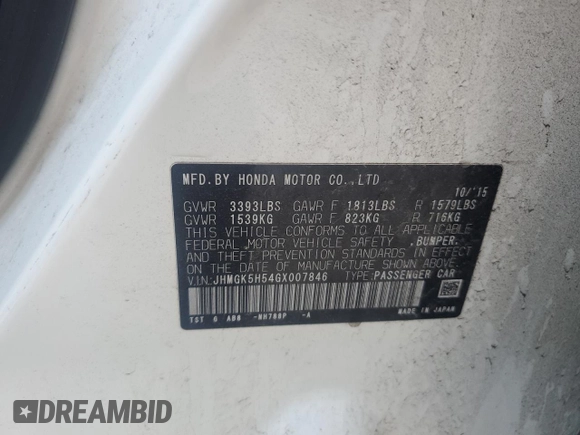 2016 Honda Fit LX z VIN JHMGK5H54GX007846, wystawiony jako Copart lot #57677315 z przebiegiem 89 195 mil mil oraz Szkoda całkowita • Salvage title. Historia ofert i sprzedaży dostępna na DreamBid. Obrazek 14.