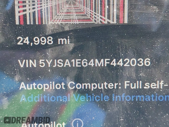 2021 Tesla Model S Plaid with VIN 5YJSA1E64MF442036, listed as a IAAI auction lot 42141304 with 24,998 mi miles and . Bid and sale history available at DreamBid. Image 9.