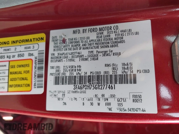 2016 Ford Fusion SE with VIN 3FA6P0H75GR277461, listed as a IAAI auction lot 41885646 with 87,884 mi miles. Bid and sale history available at carsss.com. Image 9.