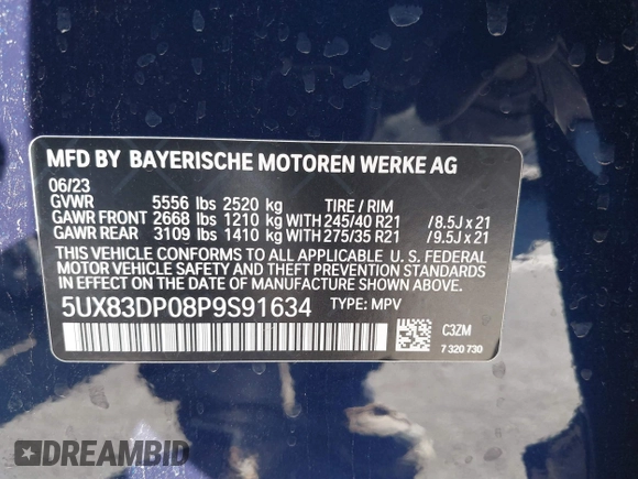 2023 BMW X3 M40i with VIN 5UX83DP08P9S91634, listed as a IAAI auction lot 41414536 with 20,832 mi miles and . Bid and sale history available at DreamBid. Image 9.