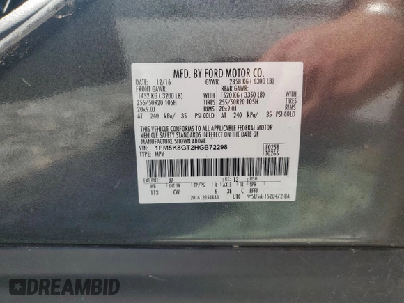 2017 Ford Explorer Sport with VIN 1FM5K8GT2HGB72298, listed as a Copart auction lot 63648375 with 162,178 mi miles and Salvage title. Bid and sale history available at DreamBid. Image 13.
