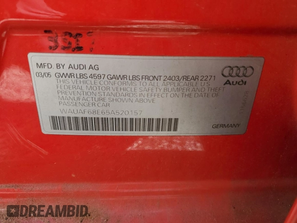 2005 Audi A4 2.0T with VIN WAUAF68E65A520157, listed as a Copart auction lot 88092125 with 150,780 mi miles and Salvage Title. Bid and sale history available at carsss.com. Image 14.
