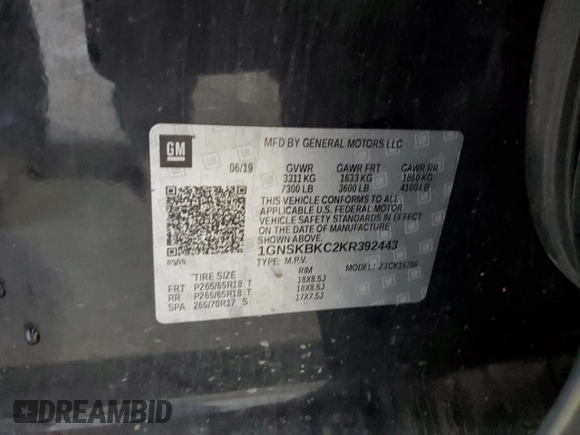 2019 Chevrolet Tahoe LT z VIN 1GNSKBKC2KR392443, wystawiony jako Copart lot #50066205 z przebiegiem 112 375 mil mil oraz Czysty tytuł • Clean title. Historia ofert i sprzedaży dostępna na DreamBid. Obrazek 13.