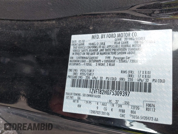 2007 Ford Mustang GT Deluxe с VIN 1ZVFT82H075309397, выставлен на аукционе IAAI как лот 42197424 с пробегом 279 403 миль миль и . История ставок и продаж доступна на DreamBid. Изображение 9.