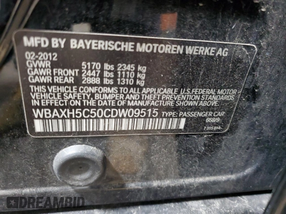 2012 BMW 5 Series 528i xDrive with VIN WBAXH5C50CDW09515, listed as a Copart auction lot 55122825 with 124,601 mi miles and Clean Title. Bid and sale history available at DreamBid. Image 12.