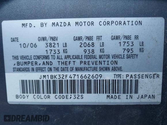 2007 Mazda 3 i Touring with VIN JM1BK32F471662609, listed as a IAAI auction lot 41658970 with 132,786 mi miles and . Bid and sale history available at DreamBid. Image 9.
