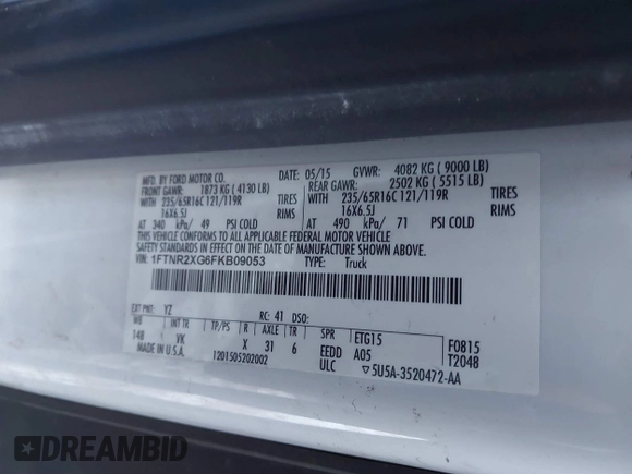 2015 Ford Transit Cargo with VIN 1FTNR2XG6FKB09053, listed as a IAAI auction lot 41486394 with 175,265 mi miles and . Bid and sale history available at DreamBid. Image 9.