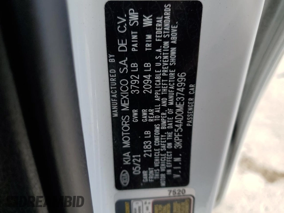 2021 Kia Forte EX with VIN 3KPF54AD0ME374996, listed as a Copart auction lot 49635155 with 102,447 mi miles and Salvage Title. Bid and sale history available at DreamBid. Image 13.