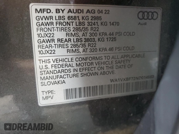2022 Audi Q7 Prestige with VIN WA1VXBF72ND014963, listed as a Copart auction lot 59205275 with 41,754 mi miles and Salvage title. Bid and sale history available at DreamBid. Image 13.