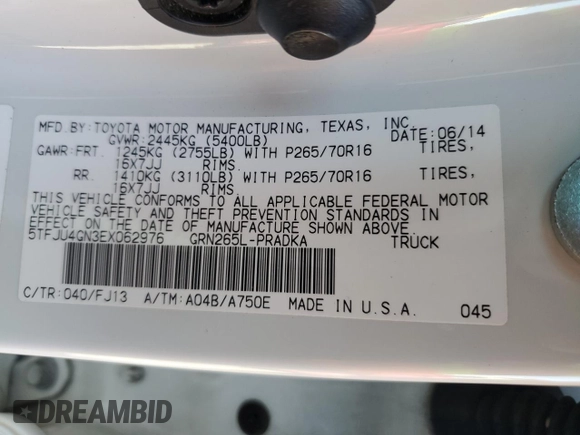 2014 Toyota Tacoma PreRunner with VIN 5TFJU4GN3EX062976, listed as a Copart auction lot 48782405 with 204,571 mi miles and Salvage Title. Bid and sale history available at carsss.com. Image 12.