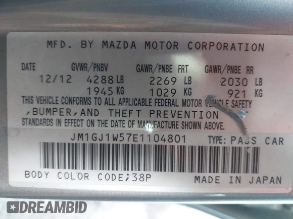 2014 Mazda 6 i Grand Touring с VIN JM1GJ1W57E1104801, выставлен на аукционе IAAI как лот 42060144 с пробегом 95 212 миль миль и . История ставок и продаж доступна на DreamBid. Изображение 9.