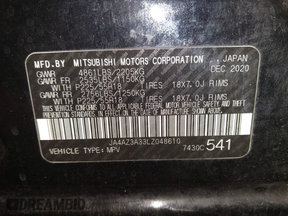 2020 Mitsubishi Outlander ES z VIN JA4AZ3A33LZ048610, wystawiony jako IAAI lot #41296277 z przebiegiem 59 372 mil mil oraz . Historia ofert i sprzedaży dostępna na DreamBid. Obrazek 9.