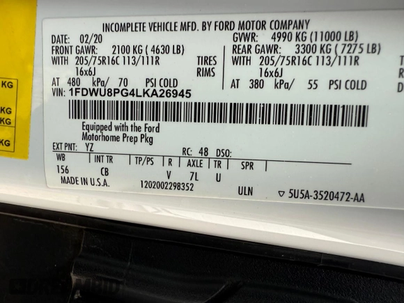 2020 Ford Transit with VIN 1FDWU8PG4LKA26945, listed as a Copart auction lot 57651985 with 9,378 mi miles and Clean title. Bid and sale history available at DreamBid. Image 10.