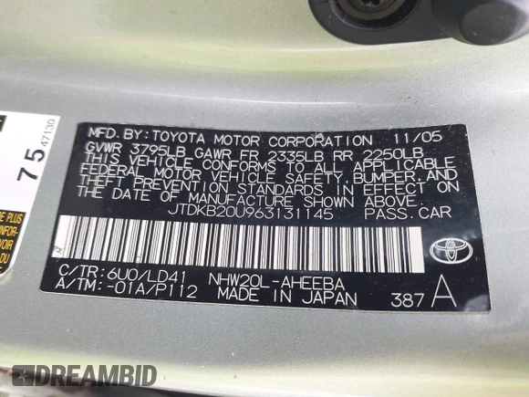 2006 Toyota Prius z VIN JTDKB20U963131145, wystawiony jako IAAI lot #41857847 z przebiegiem 113 251 mil mil oraz . Historia ofert i sprzedaży dostępna na DreamBid. Obrazek 9.