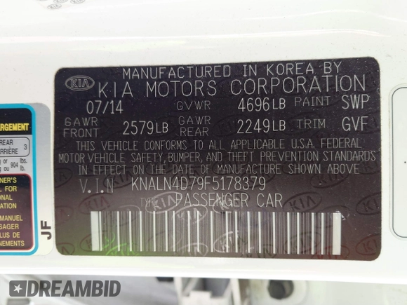 2015 Kia Cadenza Premium with VIN KNALN4D79F5178379, listed as a IAAI auction lot 41594983 with 56,205 mi miles. Bid and sale history available at carsss.com. Image 9.