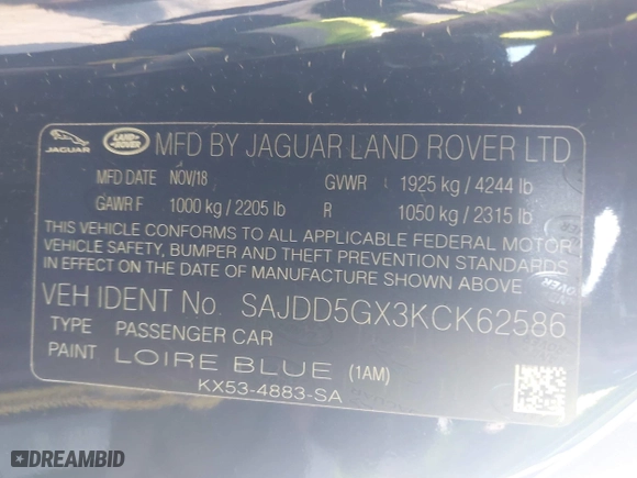 2019 Jaguar F-TYPE P300 with VIN SAJDD5GX3KCK62586, listed as a IAAI auction lot 41921001 with 30,099 mi miles. Bid and sale history available at carsss.com. Image 9.