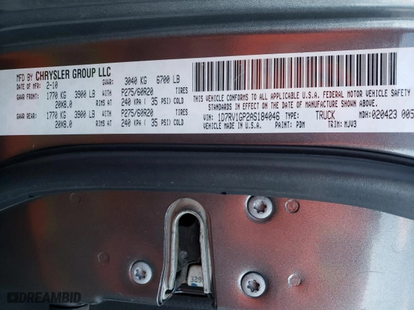 2010 Dodge Ram 1500 SLT with VIN 1D7RV1GP2AS184046, listed as a Copart auction lot 86335144 with 168,913 mi miles and Salvage Title. Bid and sale history available at carsss.com. Image 15.