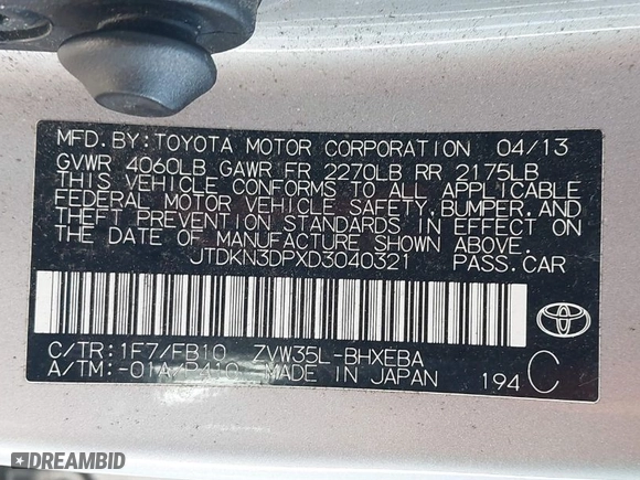 2013 Toyota Prius Plug-In with VIN JTDKN3DPXD3040321, listed as a IAAI auction lot 41477480 with 109,764 mi miles. Bid and sale history available at carsss.com. Image 9.