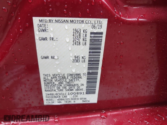 2020 Nissan Altima SR with VIN 1N4BL4CV1LC100891, listed as a IAAI auction lot 41741424 with 146,911 mi miles and . Bid and sale history available at carsss.com. Image 9.