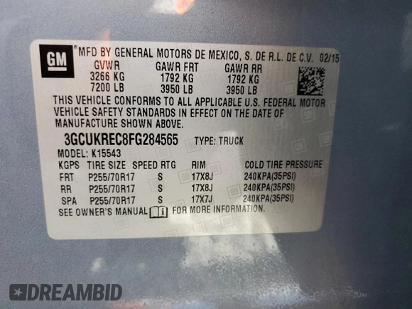 2015 Chevrolet Silverado 1500 LT with VIN 3GCUKREC8FG284565, listed as a Copart auction lot 52760805 with 128,501 mi miles and Salvage Title. Bid and sale history available at DreamBid. Image 12.