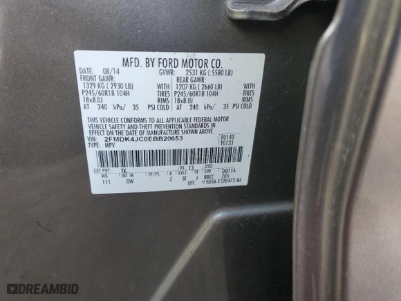 2014 Ford Edge SEL with VIN 2FMDK4JC0EBB20653, listed as a Copart auction lot 85479754 with 151,111 mi miles and Salvage Title. Bid and sale history available at carsss.com. Image 15.