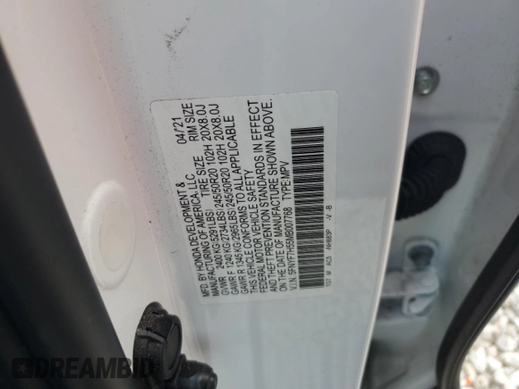 2021 Honda Passport EX-L with VIN 5FNYF7H55MB007768, listed as a Copart auction lot 89010335 with 21,551 mi miles and Salvage Title. Bid and sale history available at carsss.com. Image 12.