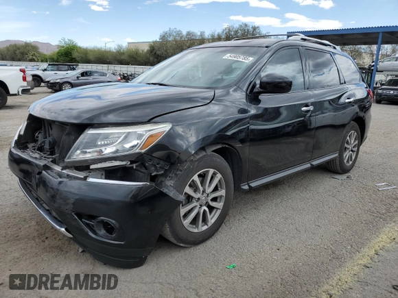 2015 Nissan Pathfinder SV with VIN 5N1AR2MN8FC628824, listed as a Copart auction lot 54905785 with 91,158 mi miles and Salvage title. Bid and sale history available at DreamBid. Image 1.