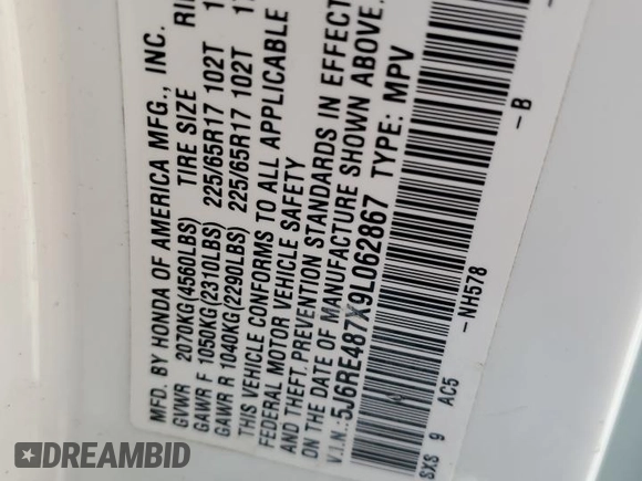 2009 Honda CR-V EX-L z VIN 5J6RE487X9L062867, wystawiony jako Copart lot #55417085 z przebiegiem 3 766 mil mil oraz Szkoda całkowita • Salvage title. Historia ofert i sprzedaży dostępna na DreamBid. Obrazek 13.