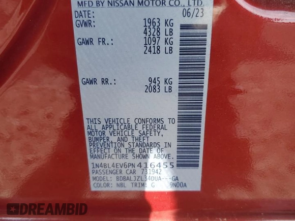 2023 Nissan Altima SL with VIN 1N4BL4EV6PN416455, listed as a Copart auction lot 80903834 with 26,920 mi miles and Salvage Title. Bid and sale history available at DreamBid. Image 14.