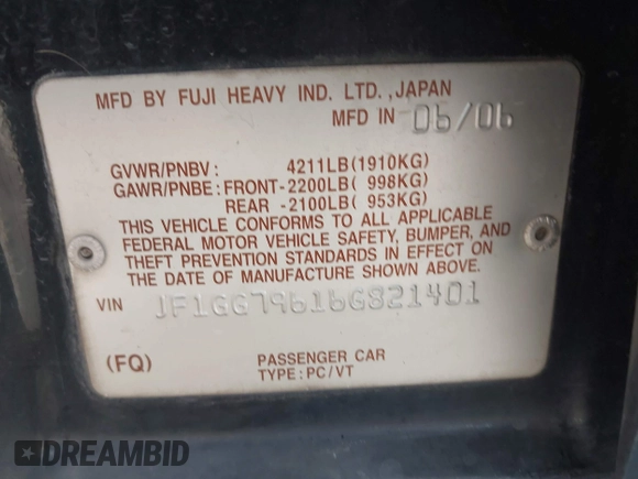 2006 Subaru Impreza WRX с VIN JF1GG79616G821401, выставлен на аукционе IAAI как лот 41933944 с пробегом 203 495 миль миль и . История ставок и продаж доступна на DreamBid. Изображение 9.