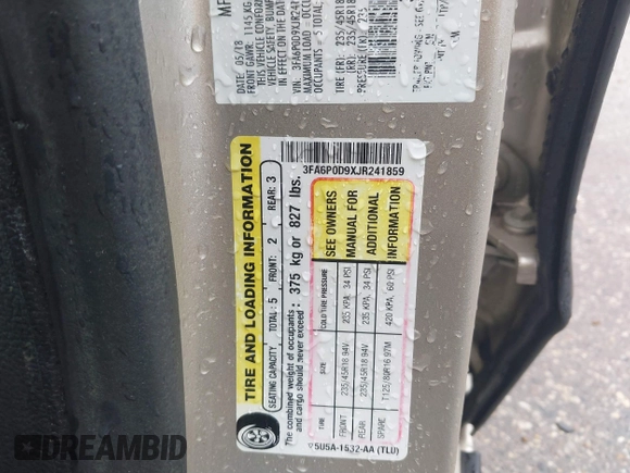 2018 Ford Fusion Titanium with VIN 3FA6P0D9XJR241859, listed as a IAAI auction lot 41893946 with 125,189 mi miles and . Bid and sale history available at DreamBid. Image 9.