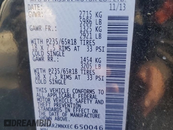 2014 Nissan Pathfinder Platinum with VIN 5N1AR2MNXEC650046, listed as a Copart auction lot 55403935 with 178,280 mi miles and Salvage title. Bid and sale history available at DreamBid. Image 12.