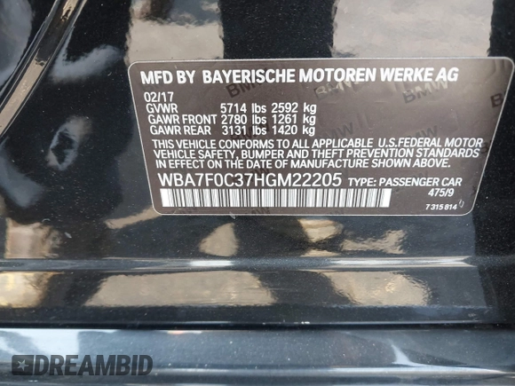 2017 BMW 7 Series 750i with VIN WBA7F0C37HGM22205, listed as a IAAI auction lot 40033800 with 70,581 mi miles. Bid and sale history available at carsss.com. Image 9.