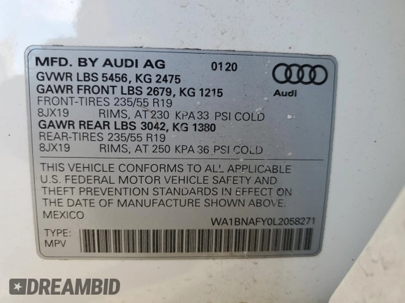 2020 Audi Q5 Premium Plus with VIN WA1BNAFY0L2058271, listed as a Copart auction lot 42160375 with 47,150 mi miles and Salvage Title. Bid and sale history available at carsss.com. Image 13.